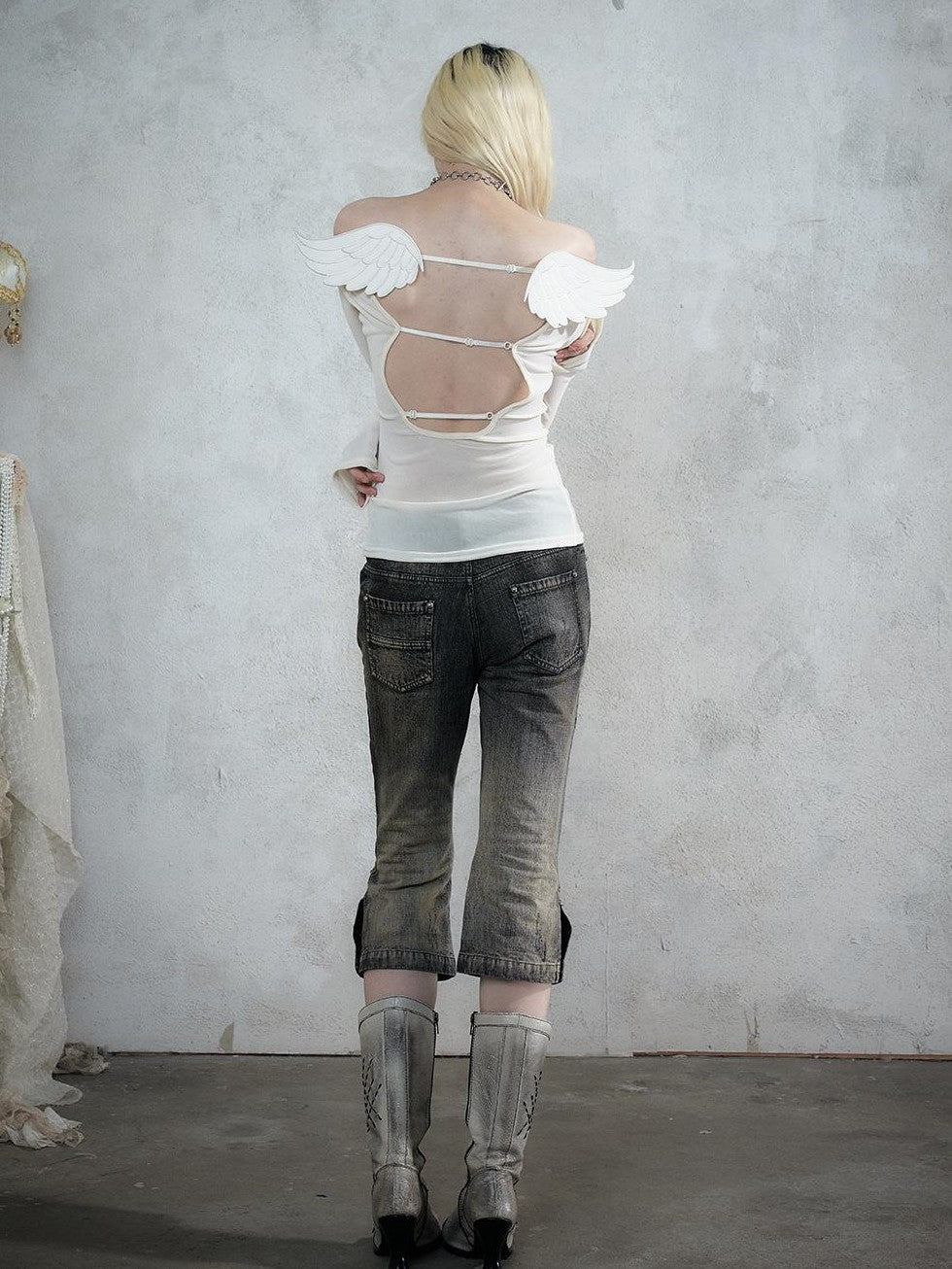 NO ROMANCE Vintage Rhinestone Washed Distressed Slim Women&