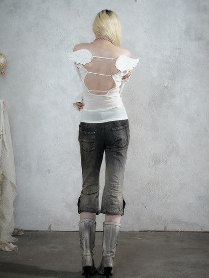 NO ROMANCE Vintage Rhinestone Washed Distressed Slim Women&