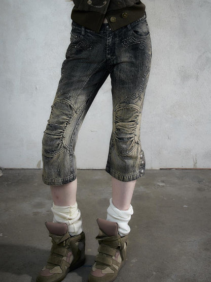 NO ROMANCE Vintage Rhinestone Washed Distressed Slim Women&