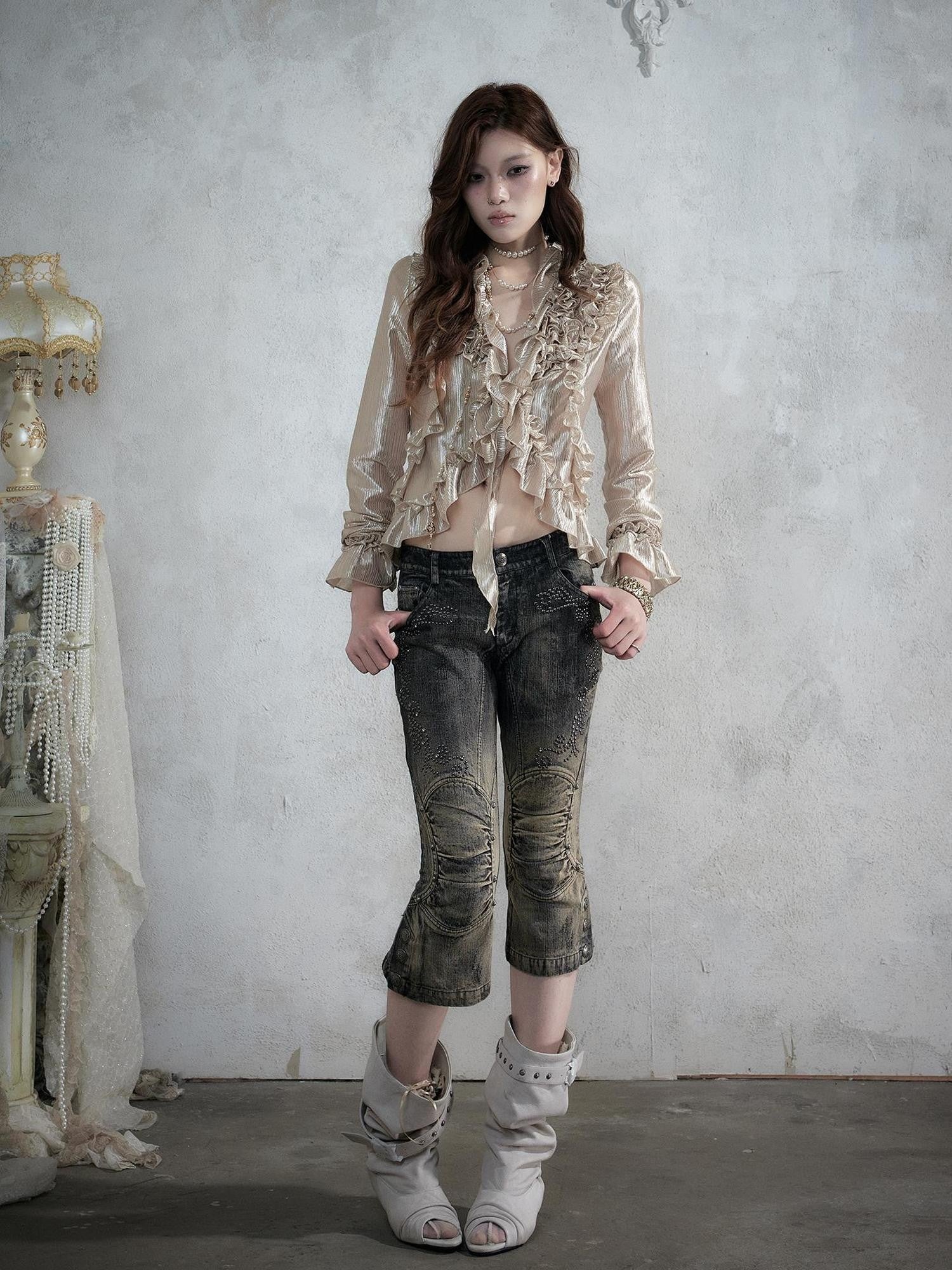 NO ROMANCE Vintage Rhinestone Washed Distressed Slim Women&