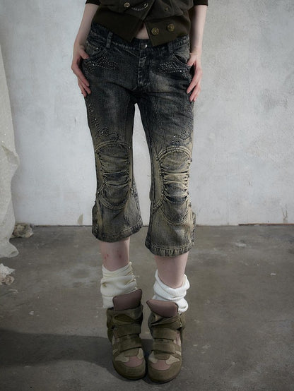 NO ROMANCE Vintage Rhinestone Washed Distressed Slim Women&