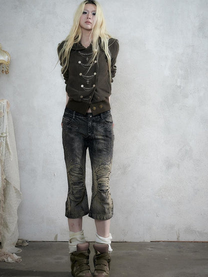 NO ROMANCE Vintage Rhinestone Washed Distressed Slim Women&