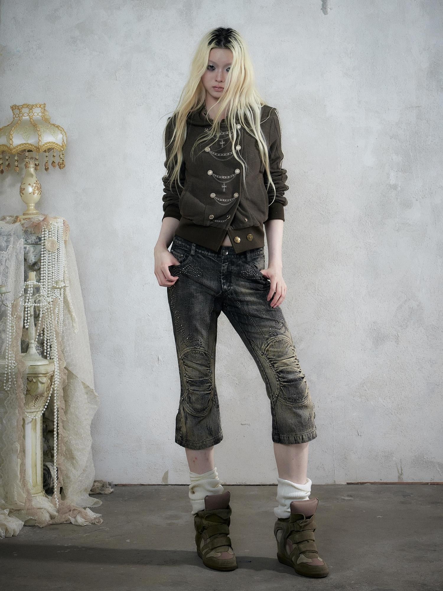 NO ROMANCE Vintage Rhinestone Washed Distressed Slim Women&