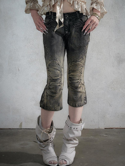 NO ROMANCE Vintage Rhinestone Washed Distressed Slim Women&