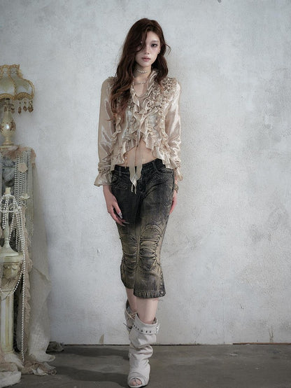 NO ROMANCE Vintage Rhinestone Washed Distressed Slim Women&