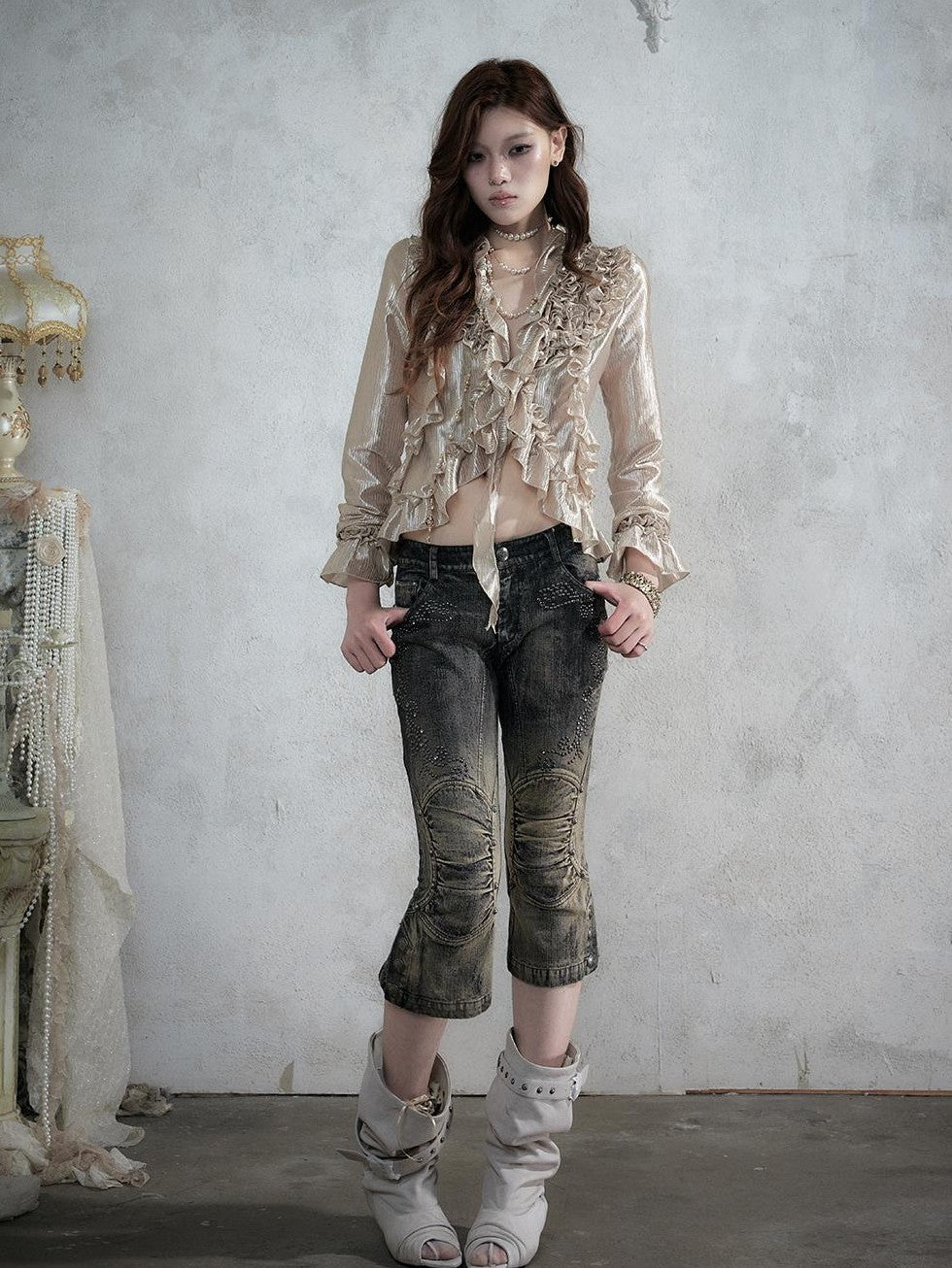 NO ROMANCE Vintage Rhinestone Washed Distressed Slim Women&