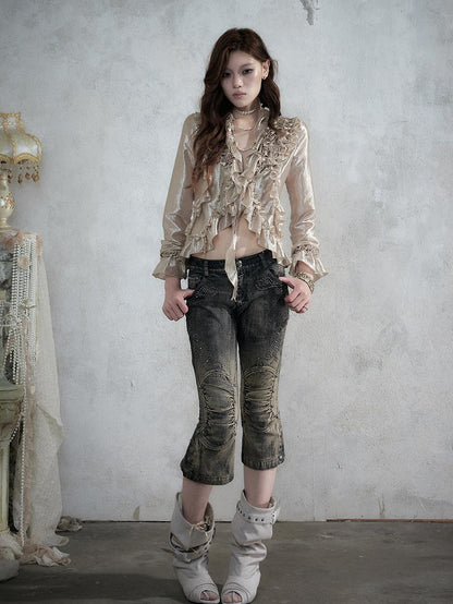 NO ROMANCE Vintage Rhinestone Washed Distressed Slim Women&