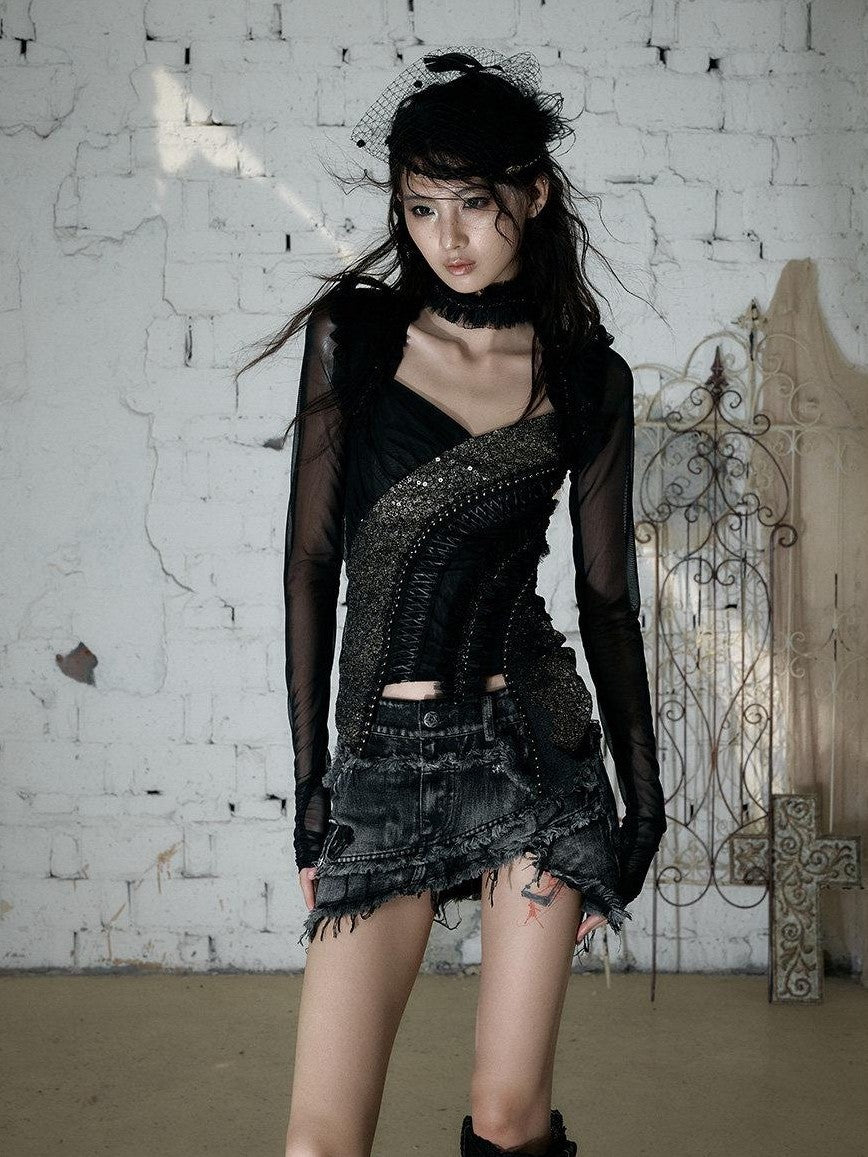 NO ROMANCE Vintage Street Washed Patchwork Frayed Asymmetrical Women&