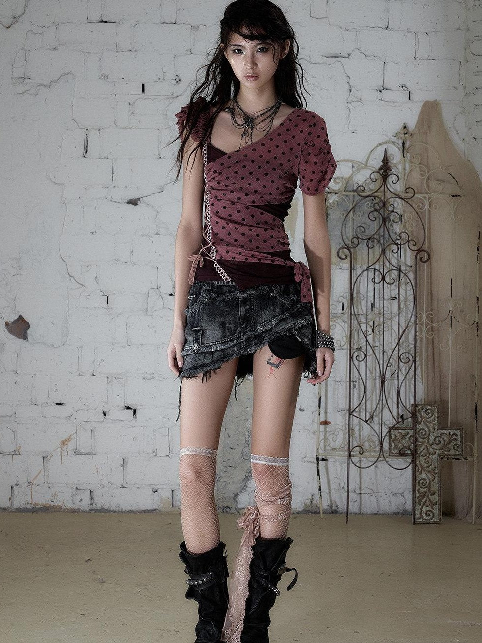 NO ROMANCE Vintage Street Washed Patchwork Frayed Asymmetrical Women&