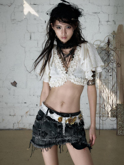 NO ROMANCE Vintage Street Washed Patchwork Frayed Asymmetrical Women&