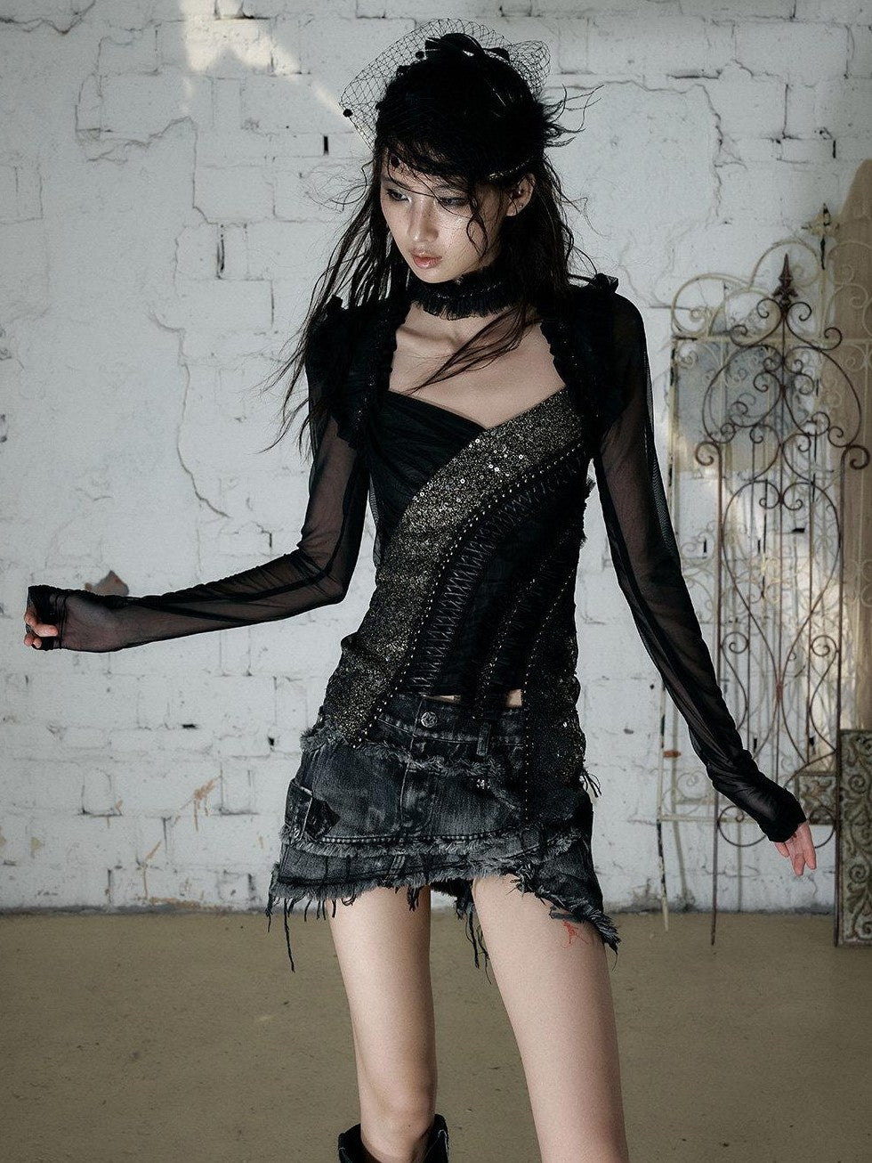 NO ROMANCE Vintage Street Washed Patchwork Frayed Asymmetrical Women&