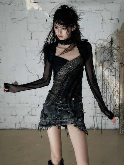 NO ROMANCE Vintage Street Washed Patchwork Frayed Asymmetrical Women&