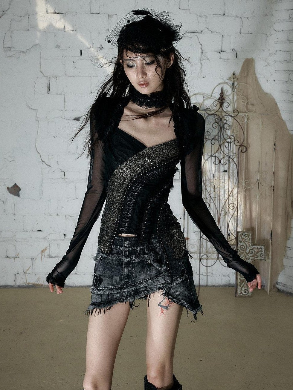 NO ROMANCE Vintage Street Washed Patchwork Frayed Asymmetrical Women&