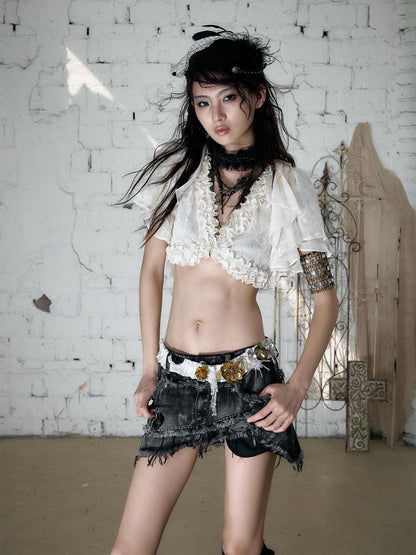 NO ROMANCE Vintage Street Washed Patchwork Frayed Asymmetrical Women&