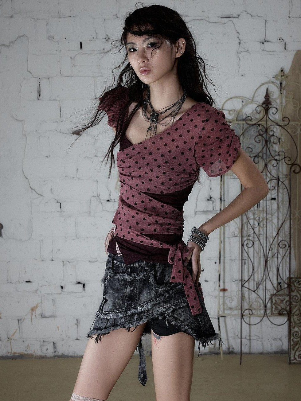 NO ROMANCE Vintage Street Washed Patchwork Frayed Asymmetrical Women&