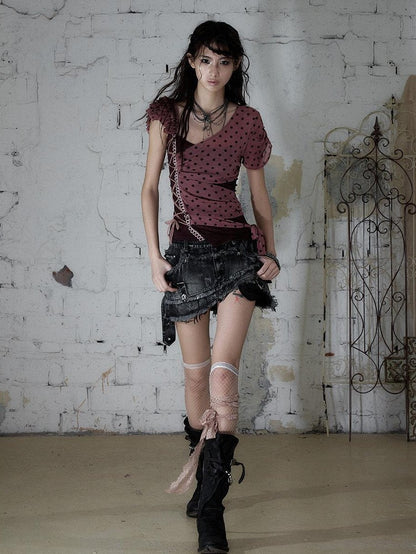 NO ROMANCE Vintage Street Washed Patchwork Frayed Asymmetrical Women&