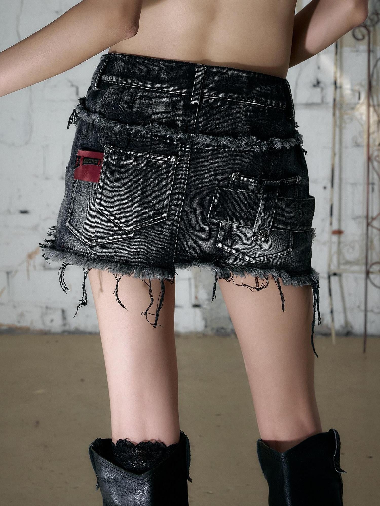 NO ROMANCE Vintage Street Washed Patchwork Frayed Asymmetrical Women&