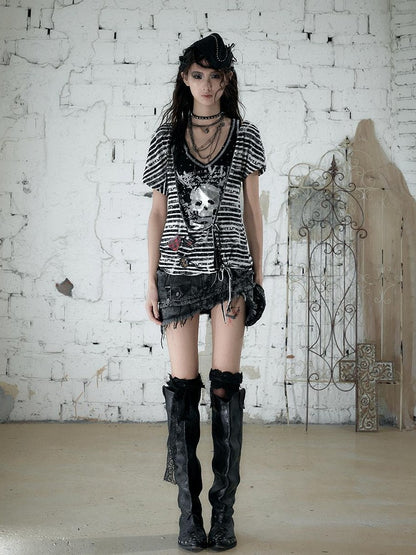 NO ROMANCE Vintage Street Washed Patchwork Frayed Asymmetrical Women&