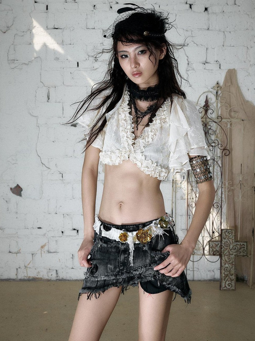 NO ROMANCE Vintage Street Washed Patchwork Frayed Asymmetrical Women&