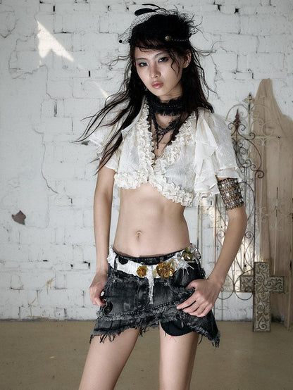 NO ROMANCE Vintage Street Washed Patchwork Frayed Asymmetrical Women&