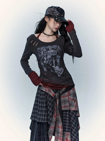 Viscose Blend Patchwork Print Slim Fit Vintage Round Neck Women Gray T-Shirt