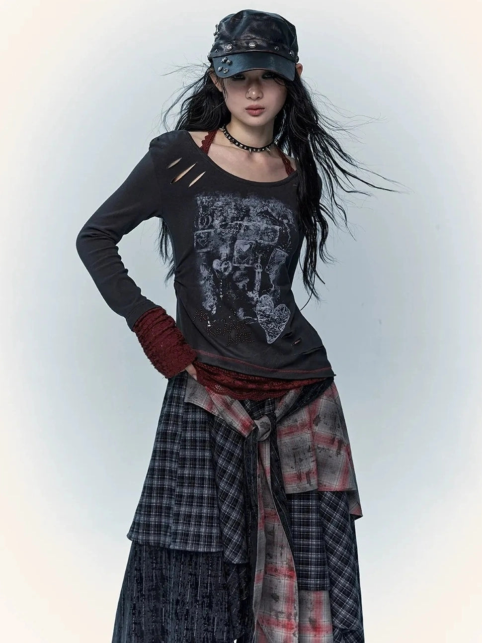 Viscose Blend Patchwork Print Slim Fit Vintage Round Neck Women Gray T-Shirt