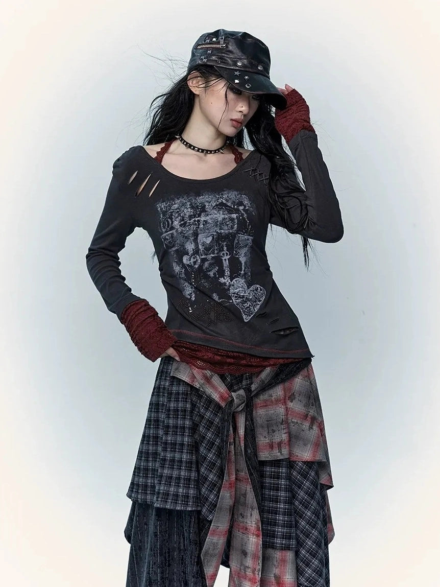 Viscose Blend Patchwork Print Slim Fit Vintage Round Neck Women Gray T-Shirt