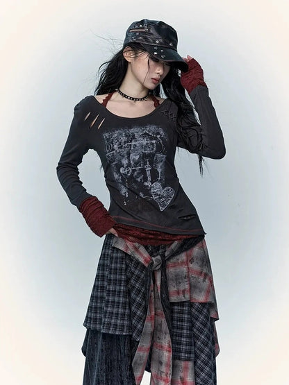 Viscose Blend Patchwork Print Slim Fit Vintage Round Neck Women Gray T-Shirt