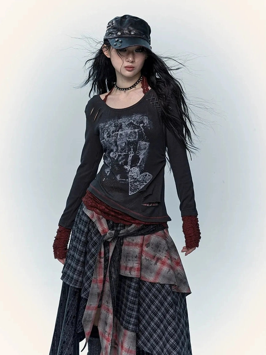 Viscose Blend Patchwork Print Slim Fit Vintage Round Neck Women Gray T-Shirt