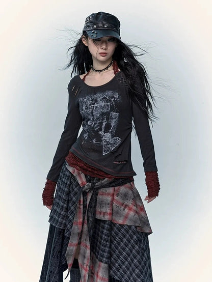 Viscose Blend Patchwork Print Slim Fit Vintage Round Neck Women Gray T-Shirt