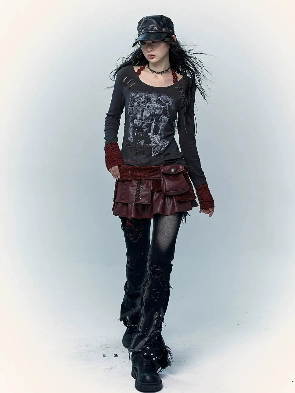 Viscose Blend Patchwork Print Slim Fit Vintage Round Neck Women Gray T-Shirt