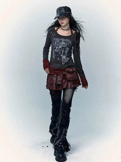 Viscose Blend Patchwork Print Slim Fit Vintage Round Neck Women Gray T-Shirt