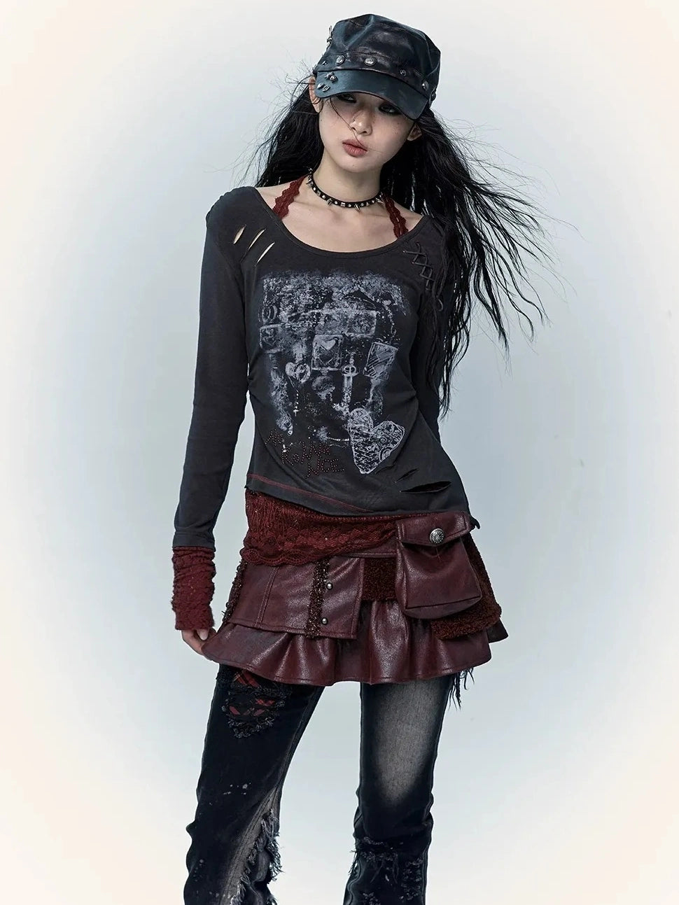 Viscose Blend Patchwork Print Slim Fit Vintage Round Neck Women Gray T-Shirt