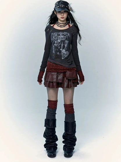 Viscose Blend Patchwork Print Slim Fit Vintage Round Neck Women Gray T-Shirt