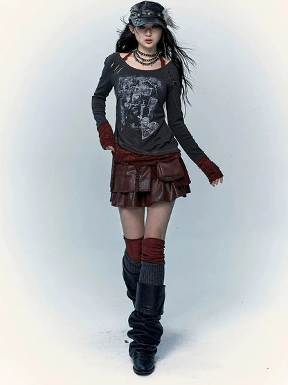 Viscose Blend Patchwork Print Slim Fit Vintage Round Neck Women Gray T-Shirt