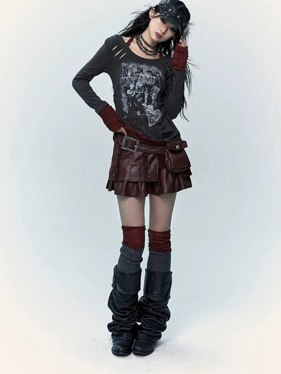 Viscose Blend Patchwork Print Slim Fit Vintage Round Neck Women Gray T-Shirt