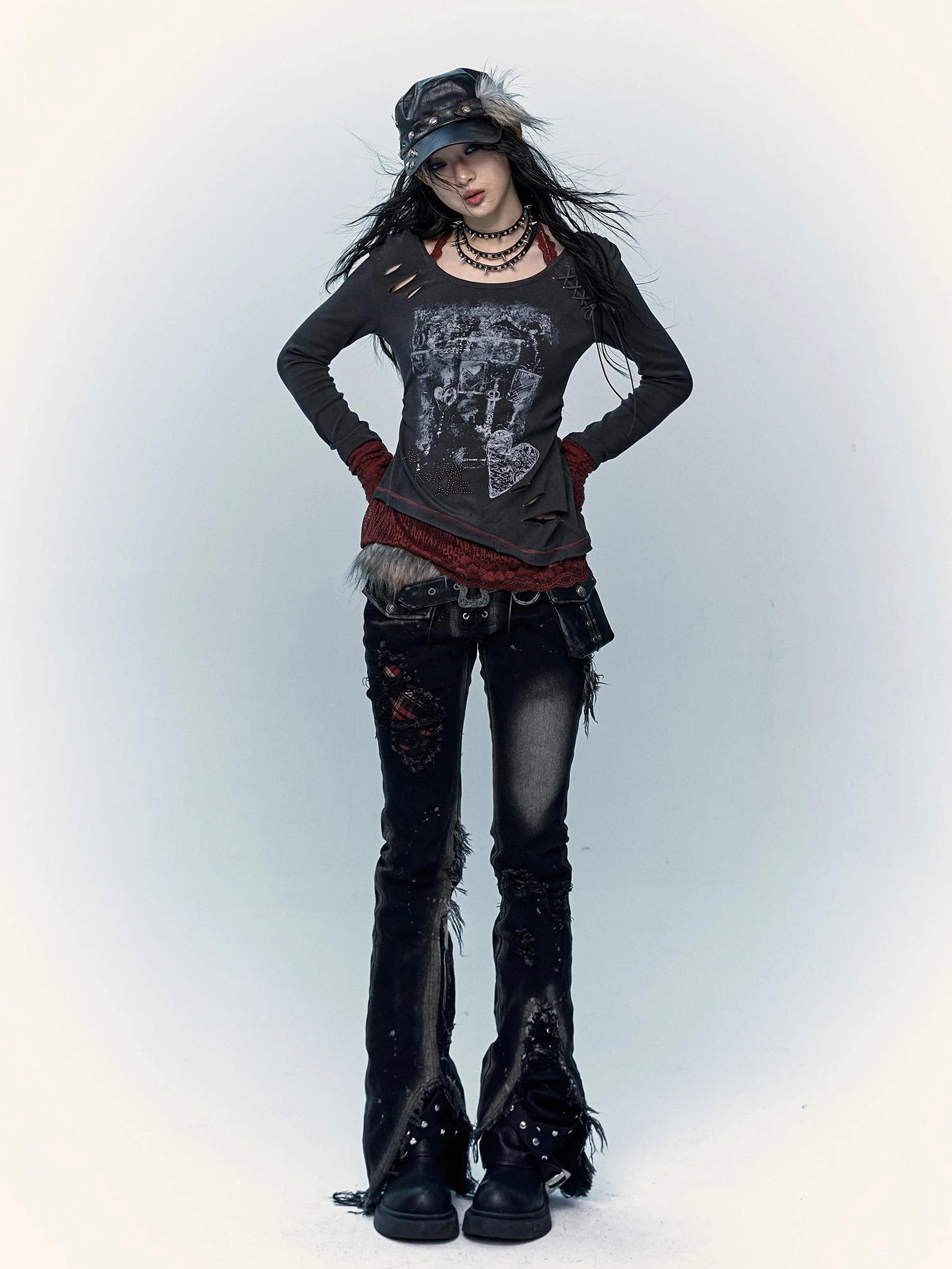 Viscose Blend Patchwork Print Slim Fit Vintage Round Neck Women Gray T-Shirt