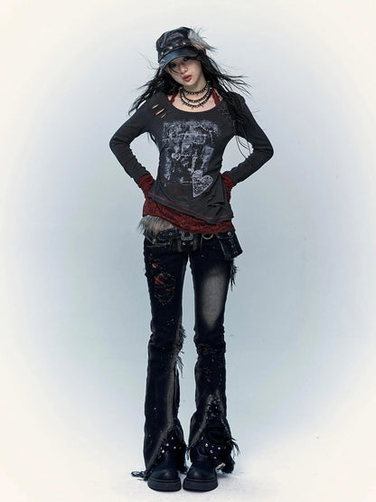 Viscose Blend Patchwork Print Slim Fit Vintage Round Neck Women Gray T-Shirt