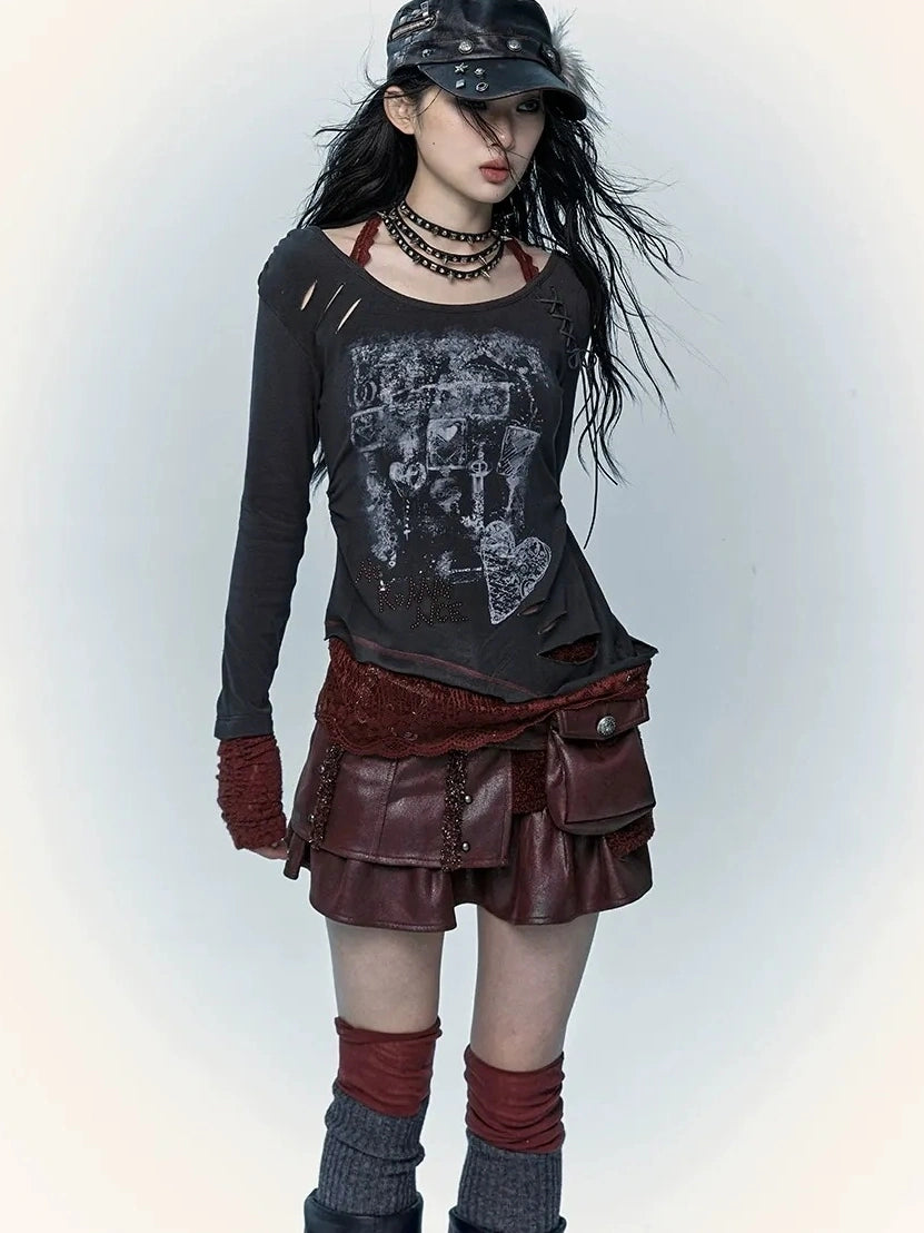 Viscose Blend Patchwork Print Slim Fit Vintage Round Neck Women Gray T-Shirt