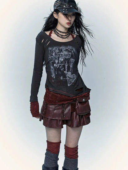 Viscose Blend Patchwork Print Slim Fit Vintage Round Neck Women Gray T-Shirt