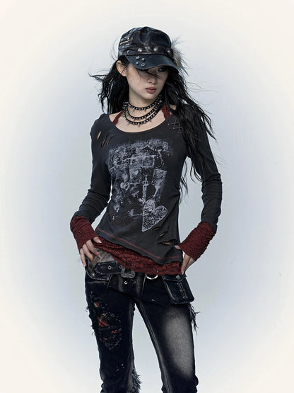 Viscose Blend Patchwork Print Slim Fit Vintage Round Neck Women Gray T-Shirt