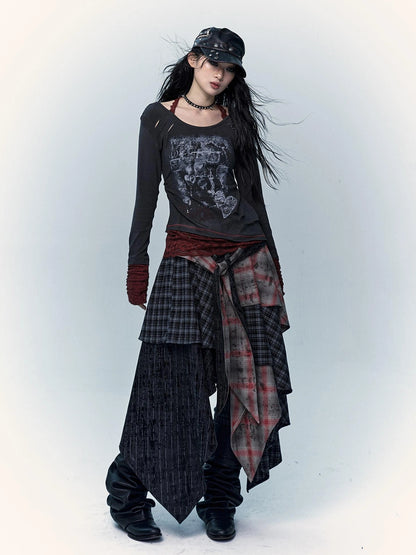 Viscose Blend Patchwork Print Slim Fit Vintage Round Neck Women Gray T-Shirt