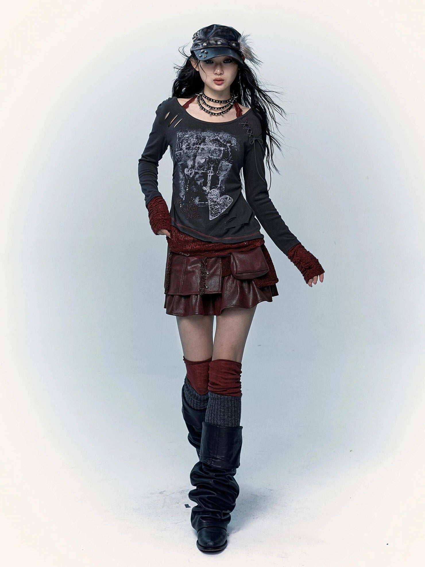 Viscose Blend Patchwork Print Slim Fit Vintage Round Neck Women Gray T-Shirt