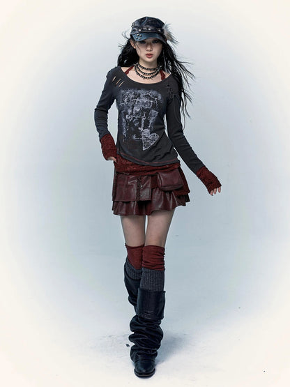 Viscose Blend Patchwork Print Slim Fit Vintage Round Neck Women Gray T-Shirt