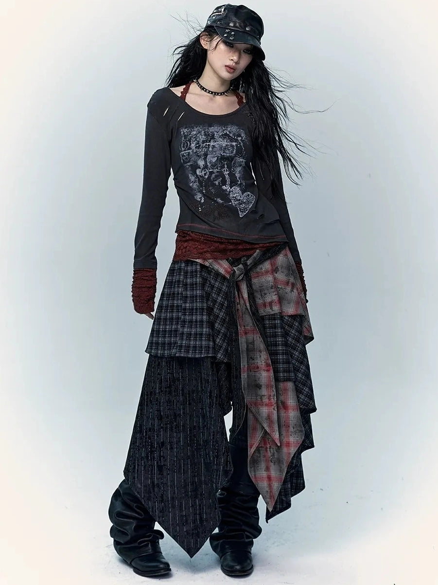 Viscose Blend Patchwork Print Slim Fit Vintage Round Neck Women Gray T-Shirt