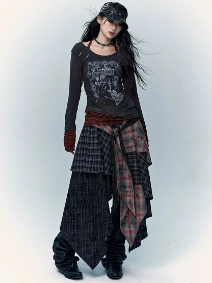 Viscose Blend Patchwork Print Slim Fit Vintage Round Neck Women Gray T-Shirt