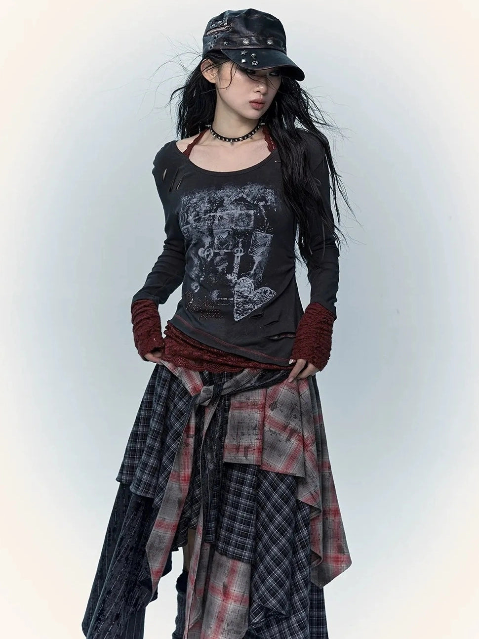 Viscose Blend Patchwork Print Slim Fit Vintage Round Neck Women Gray T-Shirt