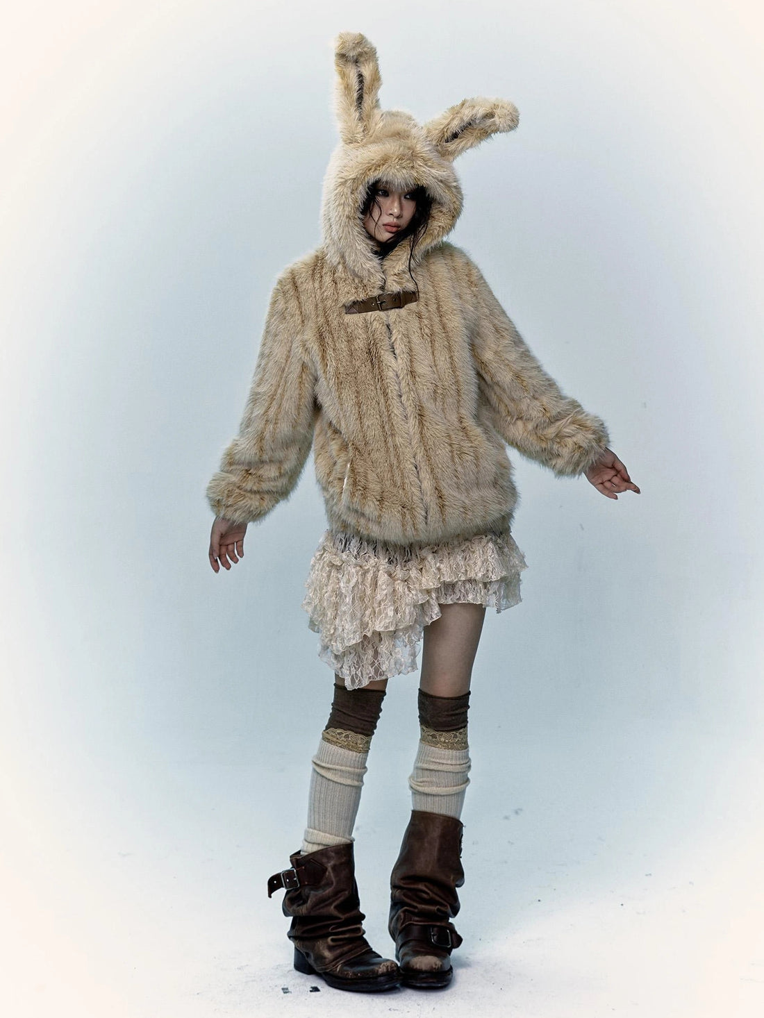 NO ROMANCE Warm Thickened Zip Up Hooded Loose Fit Long Sleeve Women Casual Beige Jacket