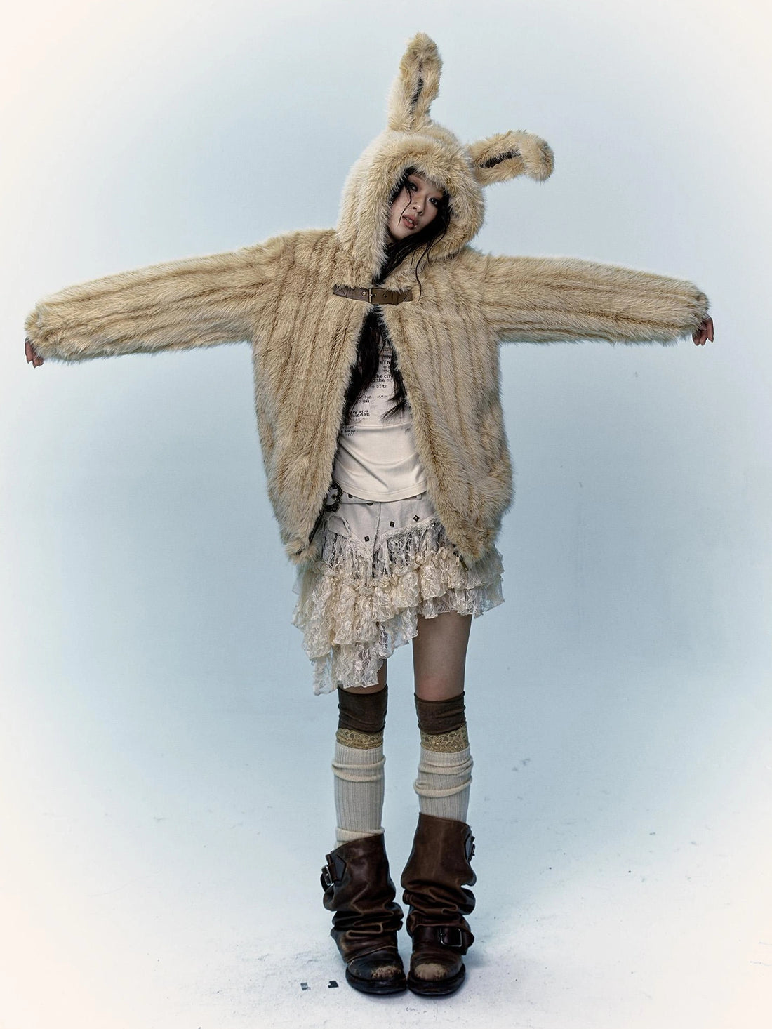 NO ROMANCE Warm Thickened Zip Up Hooded Loose Fit Long Sleeve Women Casual Beige Jacket