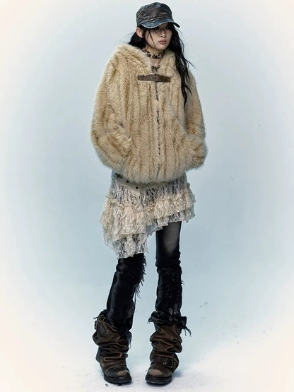 NO ROMANCE Warm Thickened Zip Up Hooded Loose Fit Long Sleeve Women Casual Beige Jacket